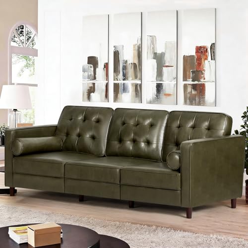 Image of 84 inch Premium Faux Leather 3-Seat Sofa w /2 Bolster Pillows and Tufted Backrest, Mid-Century Modern Sofa, Luxury Couch for Living Room, Bedroom, Office, Olive Green