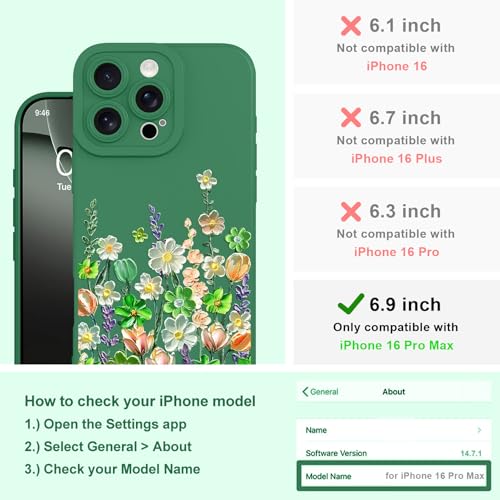 Image of Designed for iPhone 16 Pro Max Case Floral for Women Girls, Green | Cute Oil Painting Flower Pattern Liquid Silicone Phone Case [Full Camera Protection] Slim Soft TPU Protective Cover