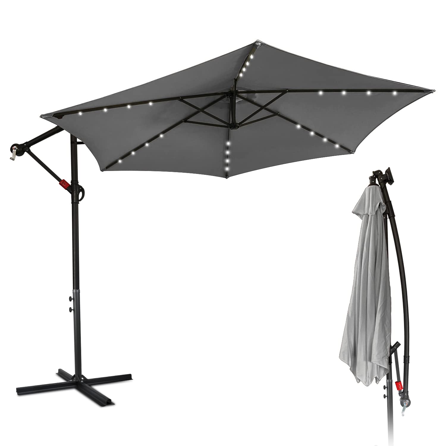 Lospitch Parasol przeciwsłoneczny z oświetleniem LED, aluminiowy parasol z korbą, ochrona przed promieniowaniem UV i wodoodporny, parasol ogrodowy