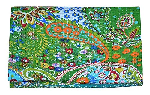 Textile Work Creations Light Green Paisley Kantha Quilt in Queen Size Boho Paisley Kantha Throw Indian Vintage Kantha Bedspread Paisley Kantha Sofa Throw Coverlet-image-6