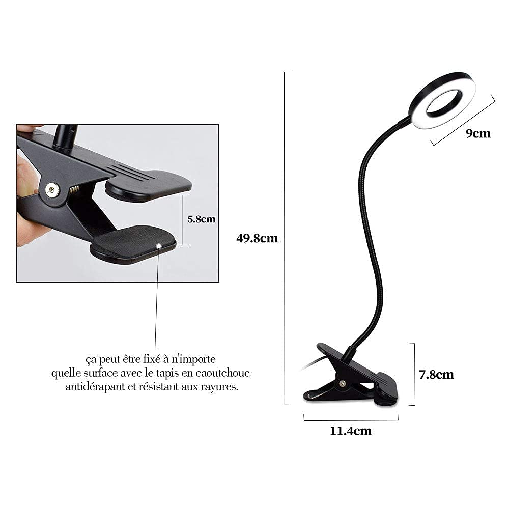 Depuley 6W - Lámpara de escritorio USB Clipsable con pinza de lectura en cama, luz blanca cálida y fría, cuello de cisne flexible de metal negro (adaptador no incluido) [Clase energética A++]