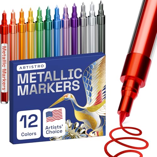 ARTISTRO Metallic Paint Pens for Rock Painting, Stone, Ceramic, Glass, Wood, Fabric, Pebbles, Scrapbook Journals, Photo Albums, Card Stocks. Set of 12 Acrylic Paint Markers Extra-Fine Tip 0.7mm
