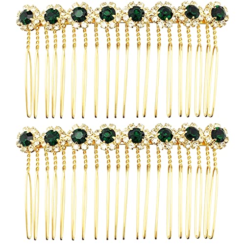 Bridal Green Crystal Flower Gold French Hair Combs Accessories, 2 Pieces