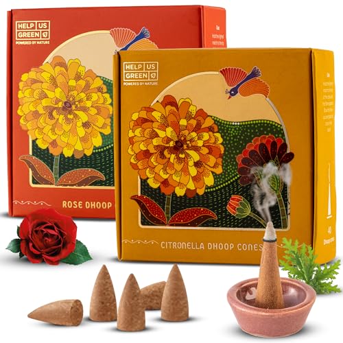 Image of HelpUsGreen Natural Dhoop Cones Citronella and Rose (80 Cones Pack of 2)| Charcoal Free Organic Incense Cones | Low Smoke Long Lasting Incense for Pooja Samagri, Meditation, Home | Free Ceramic Holder