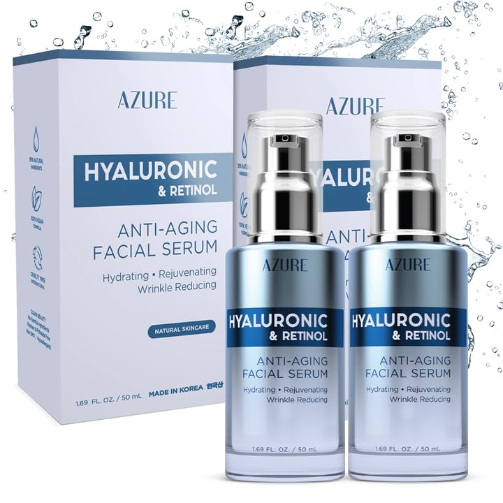 AZURE Hyaluronic Acid & Retinol Anti Aging Facial Serum - Anti Aging, Rejuvenating & Hydrating Face Serum - Reduces Wrinkles & Fine Lines - Skin Care Korean - Each 1.69 fl.oz - 2 Pack