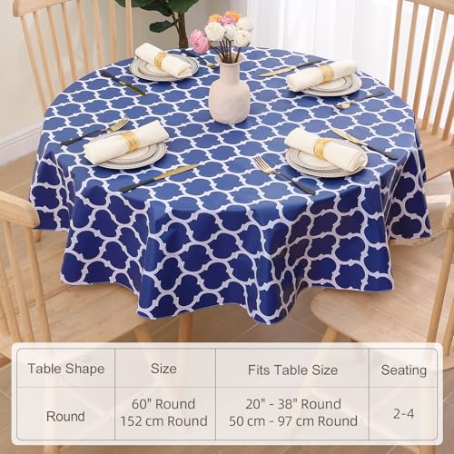 Image of Smiry Round Table Cloth, Flannel Backed Vinyl Tablecloth, 60 inch Round | Waterproof Plastic Tablecloths, Wipeable Table Cover for Dining, Indoor and Outdoor (Navy)