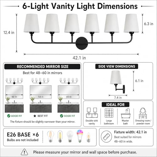 Image of Bathroom Vanity Light, Matte Black Bathroom Lighting Fixtures Over Mirror | 6-Light Bathroom Light Fixtures with Flared White Fabric Shade, E26 Socket (ETL Listed)