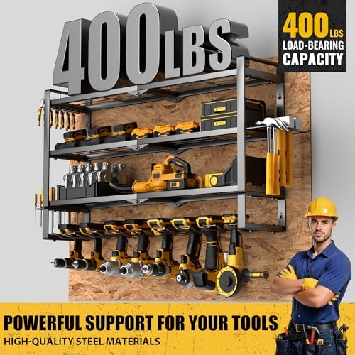MOOMSINE Large Power Tool Organizer Wall Mount, 4-Tier Heavy Duty Metal Storage Rack Loads 400lbs, Battery Tools Hanger with 8 Cordless Drill Holder for Garage, Workshop, Pegboard, Shed - 1