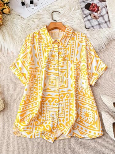Image of Gufrina Women's Polyester Shirt with Pocket Half Raglan Sleeves Spread Collar Neck Geometric Printed Relaxed Fit and Standard Length
