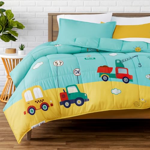 Image of 200 GSM 400 TC Kids Glace Cotton Reversible Cartoon Printed Double Bed King Size Comforter with Matching Bedsheet 90 * 100 with 2 Pillow Covers Set of 4 Pieces (Yellow Bus)