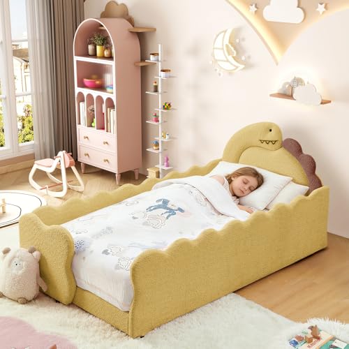 Image of Twin Size Kids Floor Bed Frame, Upholstered Montessori Platform Bed Cute Dinosaur-Shaped Daybed Frame for Girls Boys, No Box Spring Required, Yellow