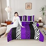 Homewish Leopard Print Comforter Set Twin,Zebra Skin Texture Bedding Set 2pcs for Kids Teens Girls Woman Room Decor, Striped Fashion Quilt Set Black White and Purple Duvet Insert with 1 Pillowcase