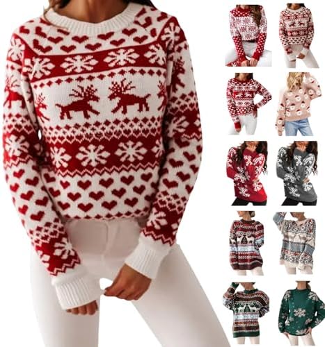 Christmas Sweater for Women Reindeer Snowflake Long Sleeve Crewneck Oversized Sweaters Fuzzy Knitted Pullover Tops