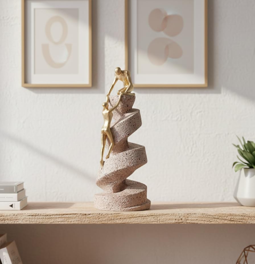 SriMaa Ventures Premium Abstract Climbing Couple Sculpture || Golden Human Figures on Grey Stone Base for Modern Home Decor
