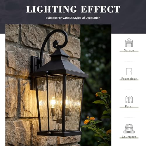 Image of zeyu 27 Inch Outdoor Wall Sconce, Large Exterior Wall Light for Porch Patio, 3-Light Outdoor Wall Lighting with Water Ripple Glass in Black Finish, ZW105B-L BK-SW