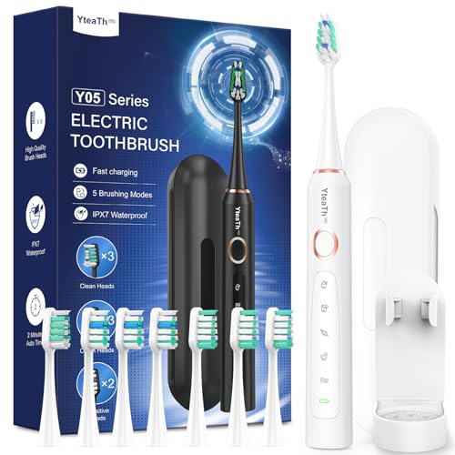 Cepillo de Dientes Eléctrico Sónico para Blanqueador Dental - Cepillo Electrico Sónico Adultos con 8 Cabezales y Estuche de Viaje, 5 Modos, IPX7, Cepillo Dientes Electrico Viaje, Blanco Perla