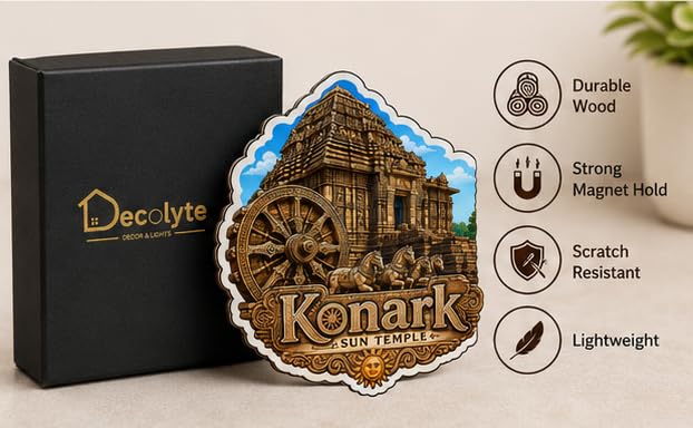 Image of Konark Sun Temple Theme Wooden Fridge Magnet Souvenir | 3x3 in Kitchen Home Decor Gift