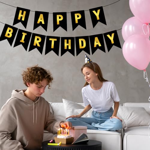 Image of Hooqict Happy Birthday Banner Black and Gold Birthday Decorations for Kids Men Women Black Party Banner Decorations Supplies Wall Door Garland Sign Bunting Flag