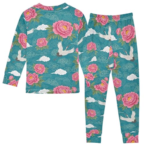 Pajama Sets Long Sleeve Pink Floral White Crane Soft Comfy Sleepwear 2 Piece PJS 3-8T3