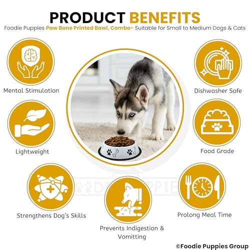 Image of Foodie Puppies Stainless Steel Dog Bowl Combo - (Medium, 700ml) Food and Water Feeding Gift Bowl | Suitable for Dogs, Cats and Other Pets I Paw Bone Print, Anti-Skid Rubber Base (White + Yellow)