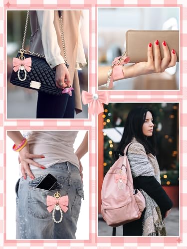 Image of Sureio Pink Bow Keychain Coquette Pearl Bowknot Keyring Bulk Wristlet Keychain Vintage Ribbon Purse Charm for Women Handbags