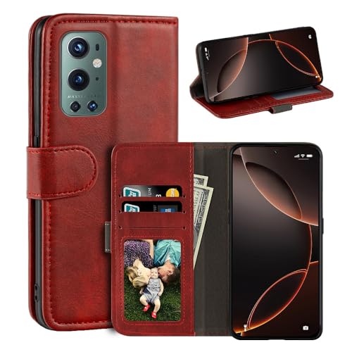 UOGNADGD Funda de Piel con Solapa Compatible con Oneplus 9 Pro Cartera con Ranuras para Tarjetas, Cierre Magnético, Soporte Integrado, RFID Antigolpes (Rojo)
