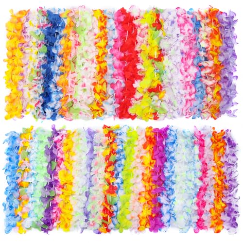 Newthinking 50 Pcs Hawaiian Leis Bulk Tropical Hawaiian Flower Necklace Colorful Garlands for Adult Summer Beach Vacation Luau Night Birthday Supplies