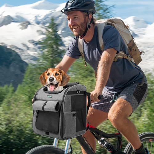 DAISTERN Hundekorb Fahrrad Vorne bis 10KG, Faltbarer Atmungsaktiver Hundefahrradkorb 4 in 1 Rucksack Schultertasche Autositz mit Robuste L-förmige Halterung Φ55mm, Bequemes Kissen, Reflektorstreifen