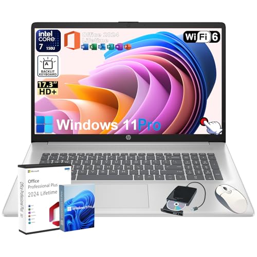 HP 17 Flagship Touchscreen Laptop – w/Office 2024 Lifetime & External DVD Drive • Intel Core 7 150U • 17.3 inch HD+ Display • AI Copilot • Wi-Fi 6 • Backlit KB • Win11 Pro (16GB RAM | 1TB SSD)