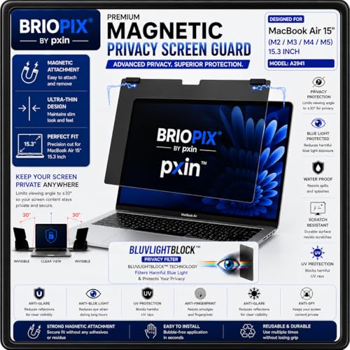 Image of Pxin Briopix Magnetic Privacy Screen compatible with 15 Inch Mac book Air | Anti Blue | Anti Glare | UV (A /B /C) Block | Nano Privacy Filter