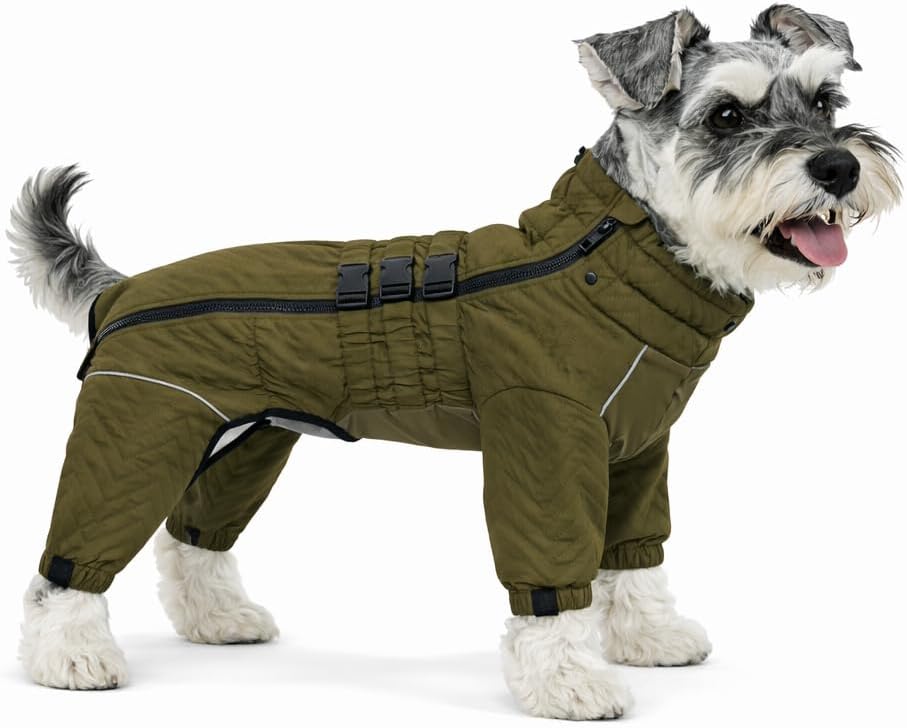 Warm Dog Coat Double Layers Dog Vest, 4 Legs Covered Windproof Waterproof Reflective, Olive XS