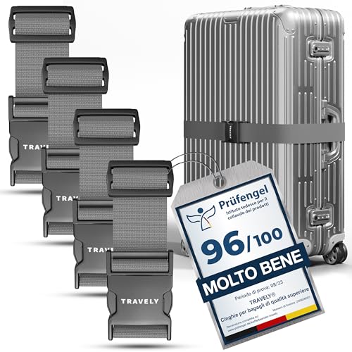 Travely® Premium Cinghie per valigie - Particolarmente accattivanti e sicure - Include 2 etichette con nome - Cinghie per valigie ideali per il trasporto incrociato - [Set di 4] - Grigio
