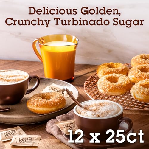 IN THE RAW Sugar Granulated Turbinado Cane Sugar, No Erythritol, Pure Natural Sweetener, Hot & Cold Drinks, Coffee, Cooking, Baking, Vegan, Gluten-Free, Non-GMO, 25 Count Packets (12-Pack)