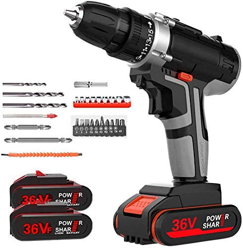 TTLIFE Elektrische Bohrschrauber 36 V Akku-Bohrschrauber 15 Nm Bohrmaschine Elektroschrauber 2 Batterien LED Beleuchtung