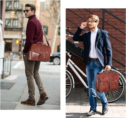 Image of ESTARER Men's Leather Briefcase 17.3 Inch Laptop Messenger Bag for Office /Business /Travel, Professional Leather Computer Shoulder Bag, Brown