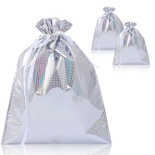 Topeedy 43 * 58cm Extra Large Xmas Gift Wrapping Bag 3pcs Silver Christmas Goody Drawstring Bag for Christmas Party Present