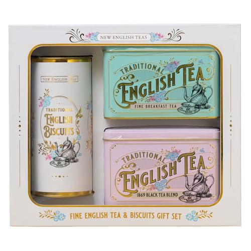 New English Teas Vintage Victorian Tea & Biscuits Gift Set with 80 Fine English Teabags 2 Tea Caddies and Luxury Cornish Biscuits