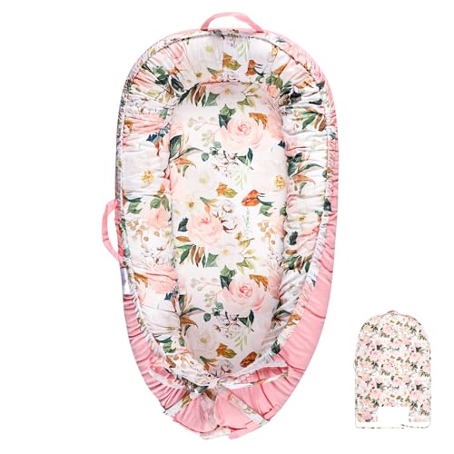Image of DILIMI Baby Lounger Cover, Cotton Baby Nest Replacement Cover for Girls Boys, Soft Breathable Reversible Newborn Lounger Cover, Pink Floral (Only Cover)