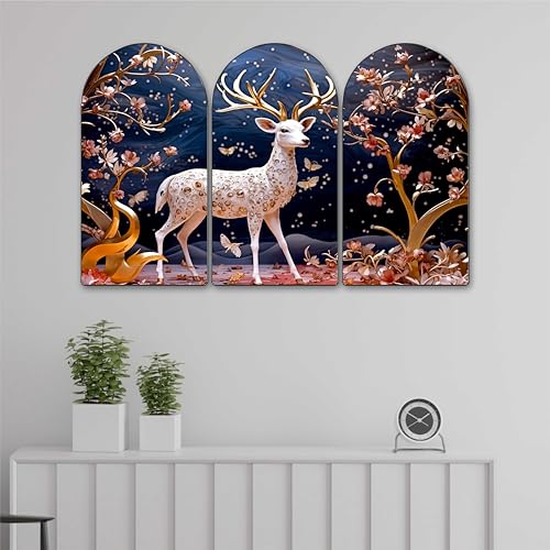 Image of Livin'luxe White Deer Fantasy Arch Shape Wall Painting Set of 3 | Floral Golden Design | MDF Textured Panel Artwork for Living Room, Bedroom, Hall & Home Decoration (20 x 30 Inch) RPNS-35383