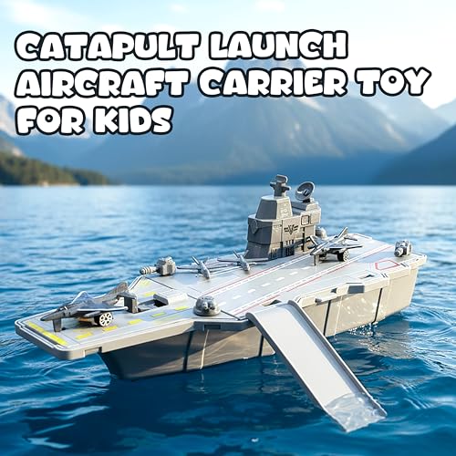 Image of VGRASSP Military Aircraft Carrier Toy for Kids with 2 Toy Airplanes, Catapult Launch with Ramp and Soldier Figures - Army Style Pretend Play Warship Carrier Playset - Color As Per Stock