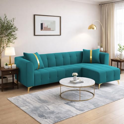 Image of Adorn India Premium Mystic - 3 Years Warranty - L Shape 4 Seater Sofa Set Velvet Suede Fabric - Aqua Blue