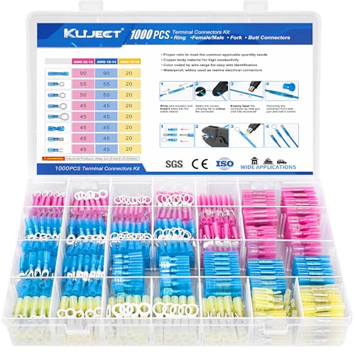 Image of Kuject 1000PCS Heat Shrink Wire Connectors Kit, Electrical Waterproof Crimp Butt Terminals, Insulated Spade Connectors for Automotive Marine Boat Truck, Include Rings Forks Spade Butt Splices