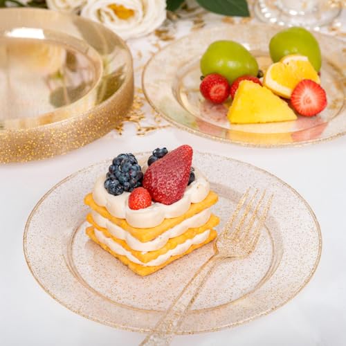 Image of 200 Pcs Gold Glitter Plastic Plates - Disposable Party Plates, Gold Glitter Disposable Plate Include 100 Dinner Plate and 100 Dessert Plate, Plastic Plate for Party, Holiday, Wedding & Birthday