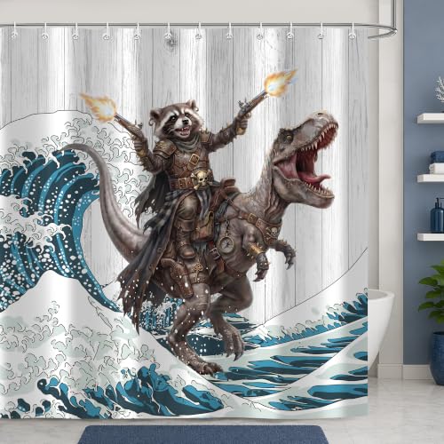 Image of iTapnoom Funny Bear Riding Dinosaur Shower Curtain, Kids Fun Animal Ocean Cool Wave Hilarious Bathroom Decor Waterproof Fabric 72x72 Inch with 12 Hooks