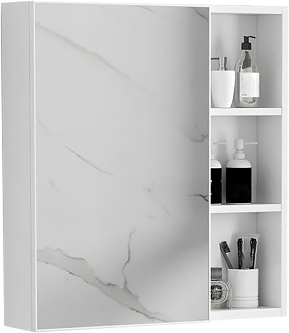 Wall-Mounted Bathroom Cabinet with Mirror, Aluminum Single Door Medicine Cabinet, Storage Shelves, Moisture-Proof, Elegant Design for Bathroom or Kitchen (75x65x11cm)(White,55 * 65 * 11cm)