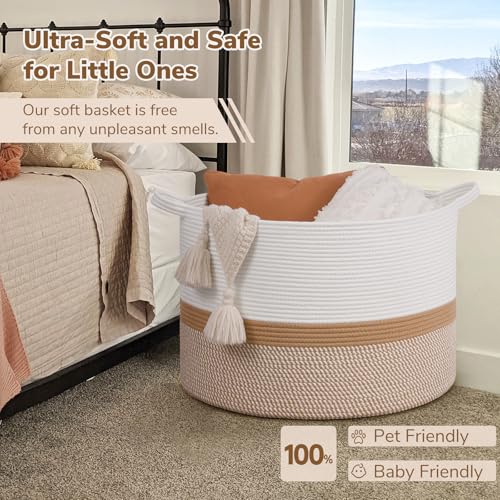 Image of INDRESSME 115L Extra Large Cotton Rope Basket, Woven Baby laundry Blanket Basket for Home Decor Living Room Nursery, Toy Storage Baskets for Kids Boys Girls, White & Camel Mix