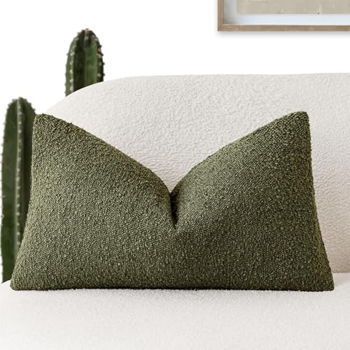 Image of Foindtower Decorative Textured Boucle Throw Pillow Covers Accent Solid Lumbar Pillow Cases Neutral Soft Cozy Couch Cushion Case for Chair Sofa Bedroom Living Room Home Decor 12x20 Inch,1PC,Moss Green