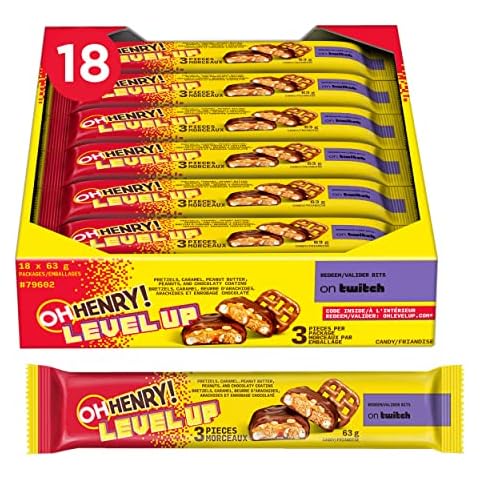Oh Henry! Level Up - Chocolatey, Peanut Butter, Caramel & Pretzel Filled Candy Bars, 63g (Bulk Box of 18) (Imported from Canada) Cover