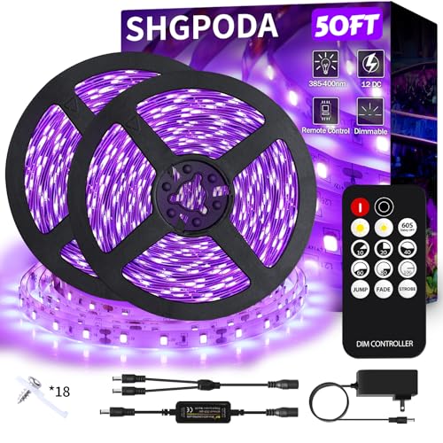 SHGPODA 50 Foot Black Light Strip & Remote, 900LEDs, Dimmable 12V Flexible Black Lights for Glow Party, Bedroom, Hallween, Fluorescent Tapestry Poster, 3 Light Modes, Non-Waterproof