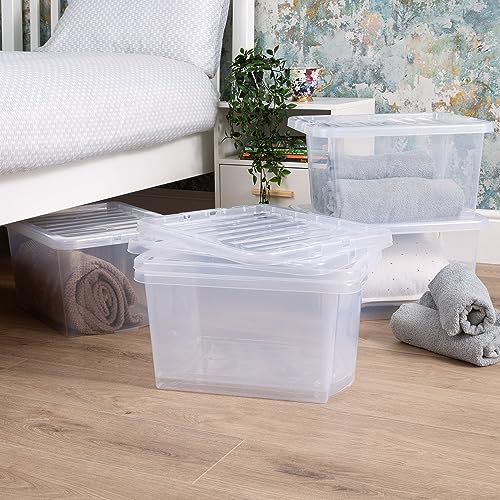 Image of Wham Crystal 5 x 28L Stackable Plastic Storage Boxes with Lids | Ideal for Home, Office, Toys & More | Medium Boxes | Made in UK - Clear